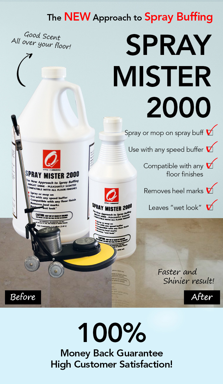 spray mister 2000, spray buffing, good scent, faster and shinier, wet look, speed buffer, 100percent money back guarantee.